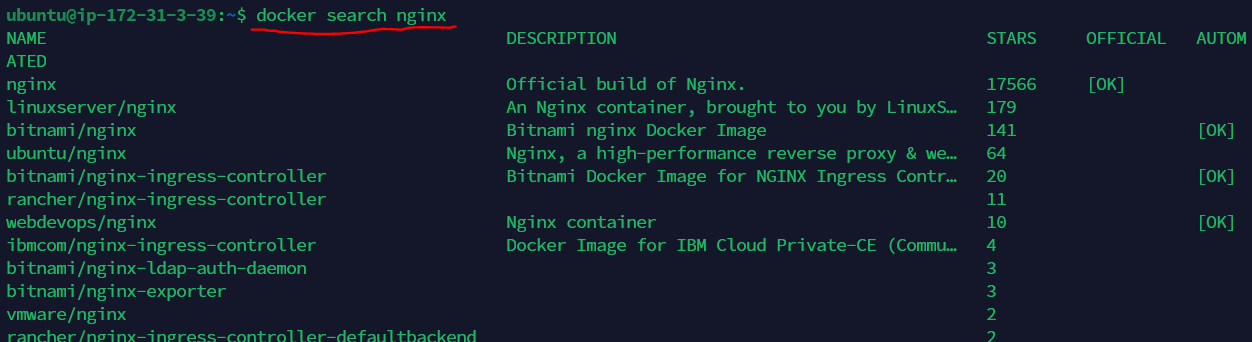 docker search 실행 화면
