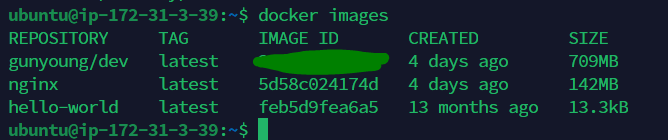 docker images 명령어 실행 화면