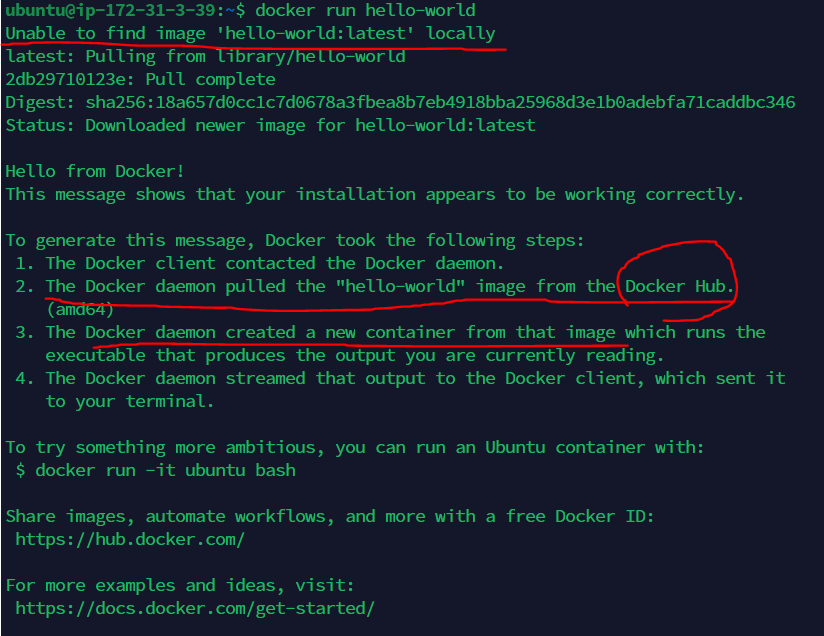 docker run hello-world 실행 화면