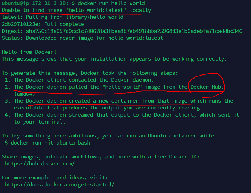 docker run hello-world execution screen